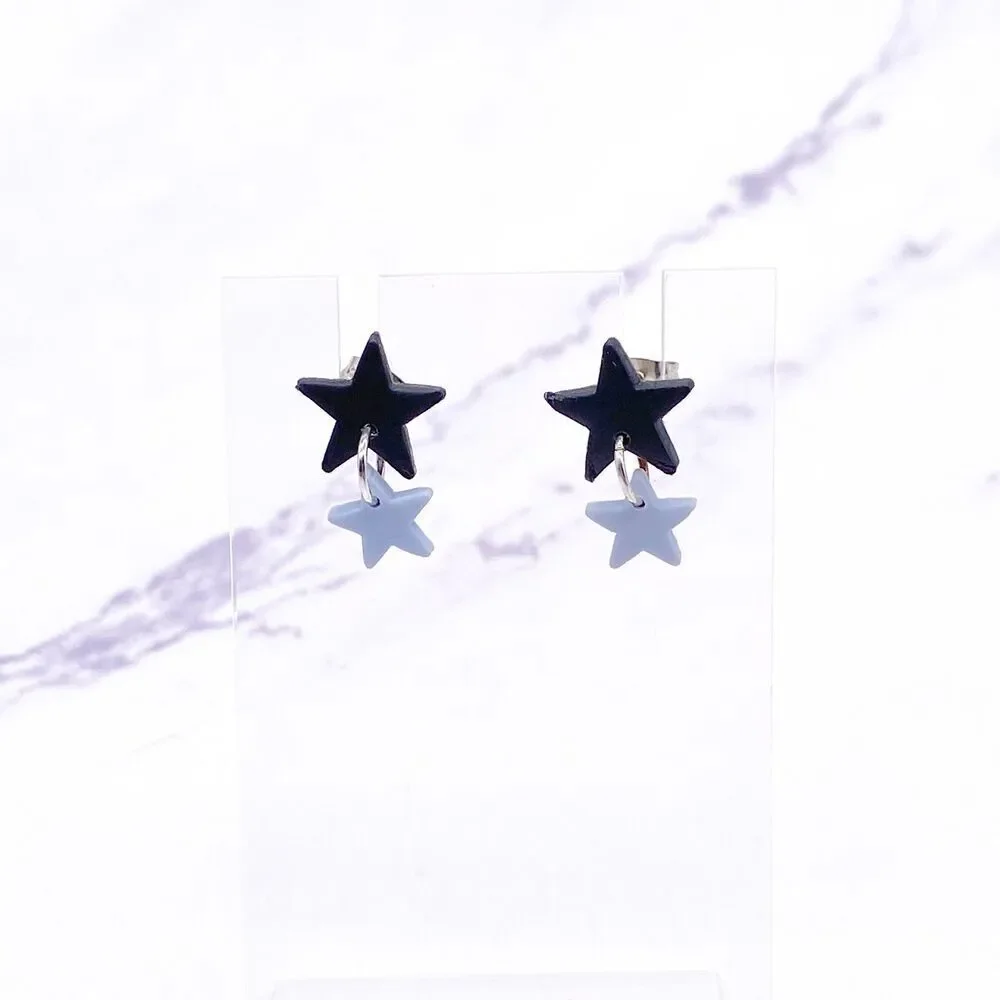 Black and Blue Small Star Dangle Stud Earrings